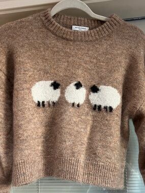 Petite Studio Taupe Crop Crewneck Sweater with White Sheep